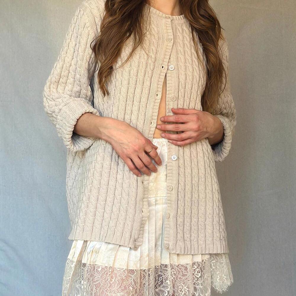 90s Light Beige Cable Knit Cardigan Sweater